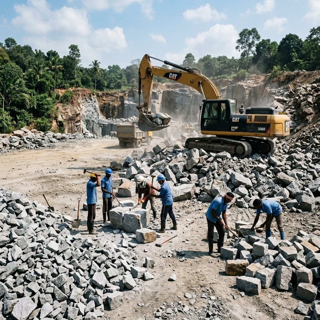 Granite building stone extraction at V V Divakaran Quarry